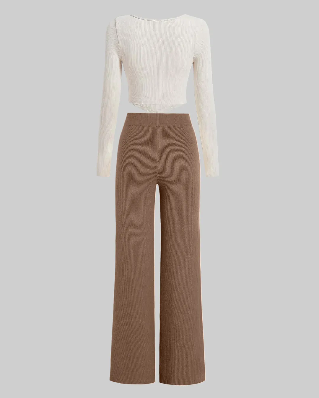 Set Of Two: Summer Trouser In Brown With Long Sleeve Crop Top