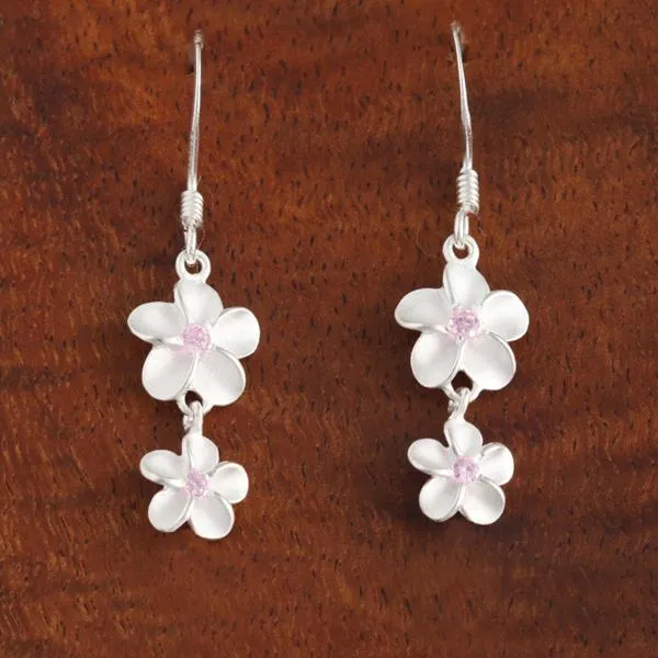 Sterling Silver 10-8mm Plumeria with Pink CZ Hook Earrings