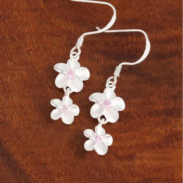 Sterling Silver 10-8mm Plumeria with Pink CZ Hook Earrings