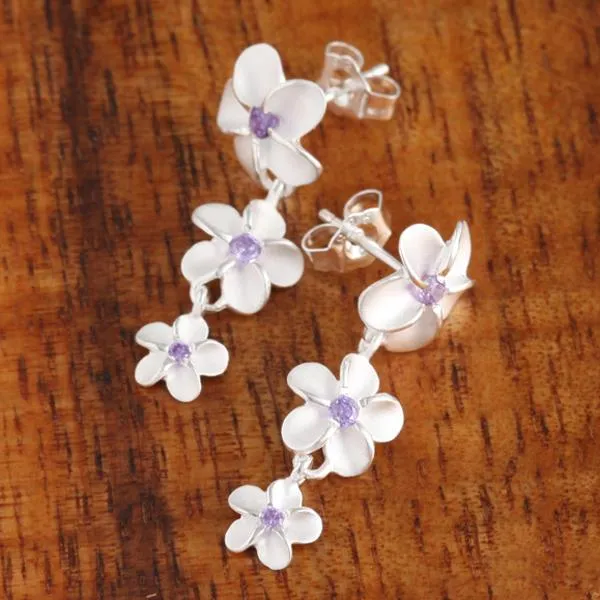 Sterling Silver 12-10-8mm Plumeria with Purple CZ Post Earrings