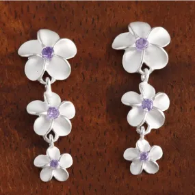 Sterling Silver 12-10-8mm Plumeria with Purple CZ Post Earrings