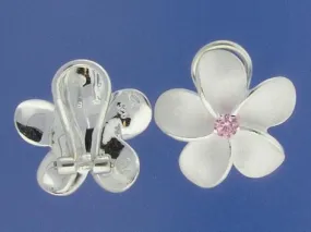 Sterling Silver 18mm Plumeria with Pink CZ Sandblast French Clip Earrings