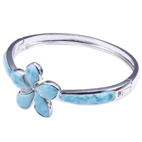 Sterling Silver 26mm Plumeria with Larimar Inlay Open Bangle