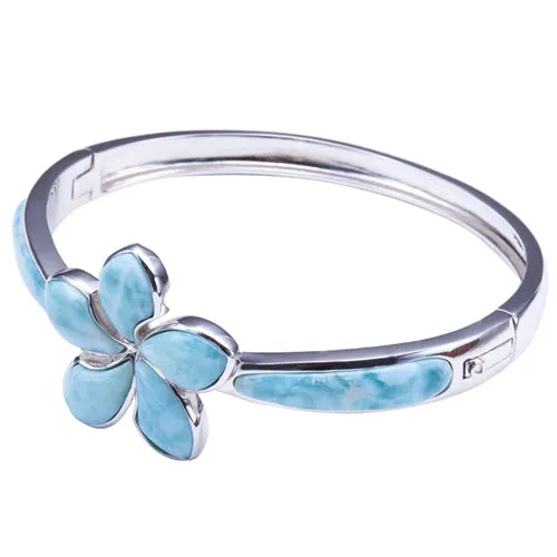 Sterling Silver 26mm Plumeria with Larimar Inlay Open Bangle