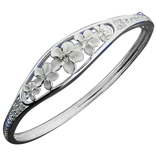 Sterling Silver 5 Plumeria with CZ Oval Open Bangle