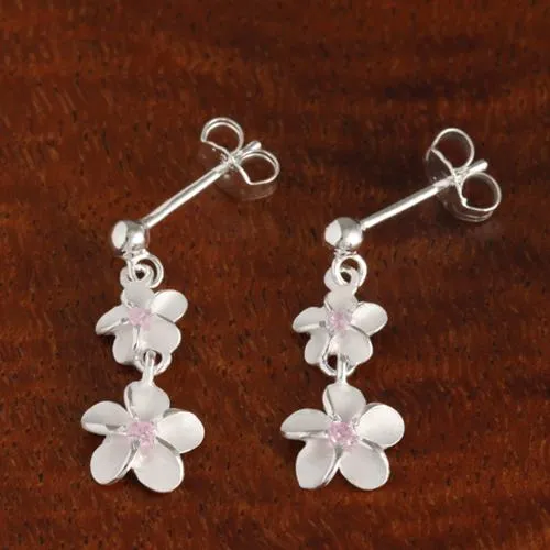 Sterling Silver 6-8mm Plumeria with Pink CZ and Bead Post Earrings