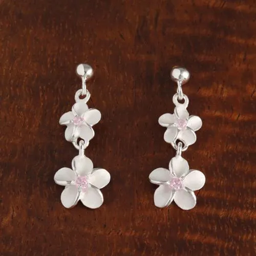 Sterling Silver 6-8mm Plumeria with Pink CZ and Bead Post Earrings