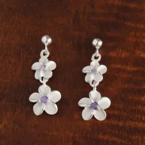 Sterling Silver 6-8mm Plumeria with Purple CZ and Bead Post Earrings