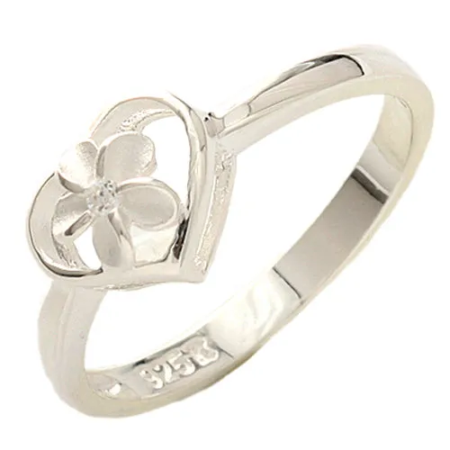 Sterling Silver 6mm Plumeria with CZ in Heart Ring