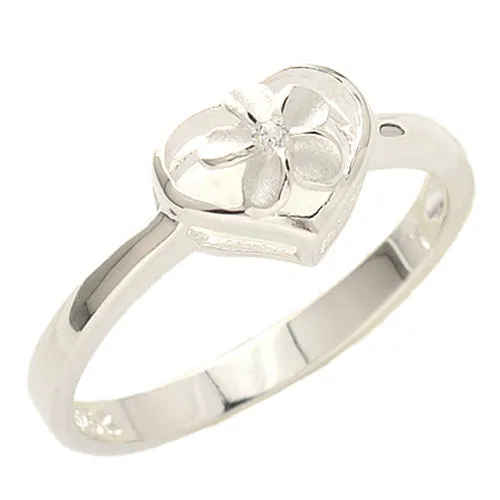 Sterling Silver 6mm Plumeria with CZ in Heart Ring