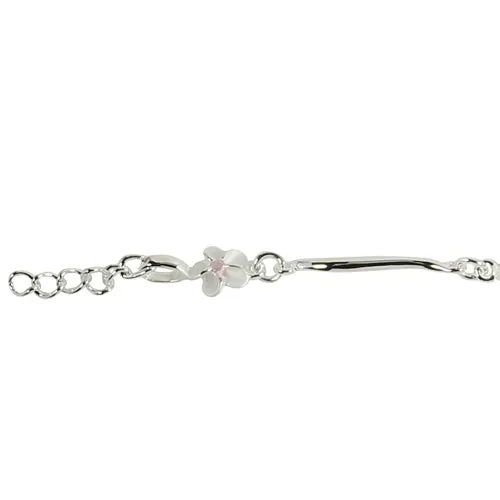 Sterling Silver 6mm Plumeria with Pink CZ Wave Bar Bracelet