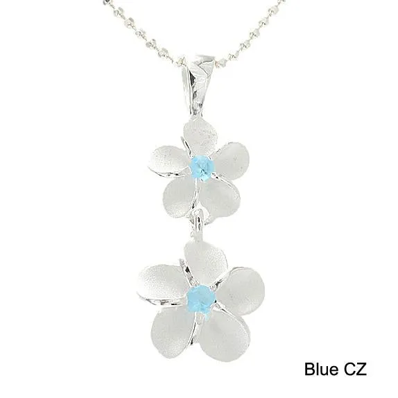 Sterling Silver 8-10mm Plumeria with Blue CZ Sandblast Finish Pendant (Chain Sold Separately)