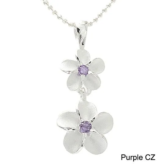 Sterling Silver 8-10mm Plumeria with Purple CZ Sandblast Finish Pendant (Chain Sold Separately)