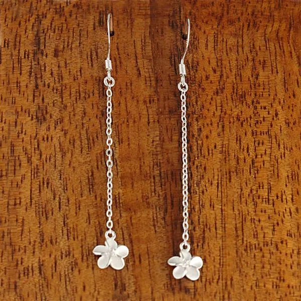 Sterling Silver 8mm Plumeria with CZ and Chain Hook Earrings