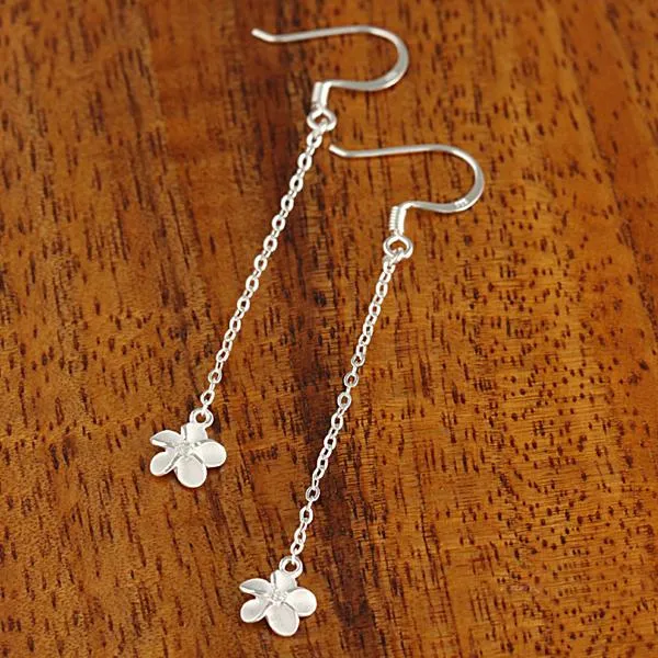 Sterling Silver 8mm Plumeria with CZ and Chain Hook Earrings