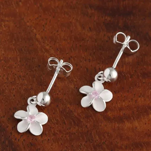 Sterling Silver 8mm Plumeria with Pink CZ and Bead Post Earrings