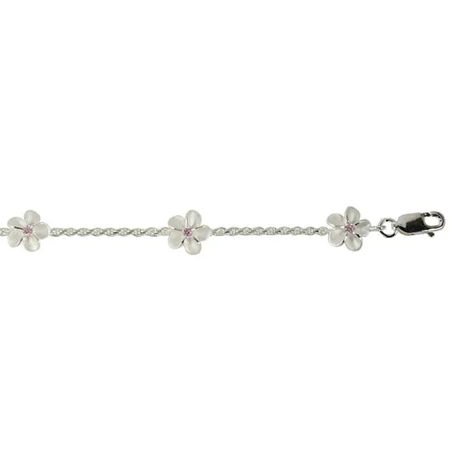 Sterling Silver 8mm Plumeria with Pink CZ Rope Chain Bracelet