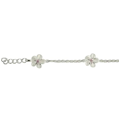 Sterling Silver 8mm Plumeria with Pink CZ Rope Chain Bracelet