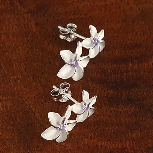 Sterling Silver Double Plumeria with Purple CZ Post Earrings