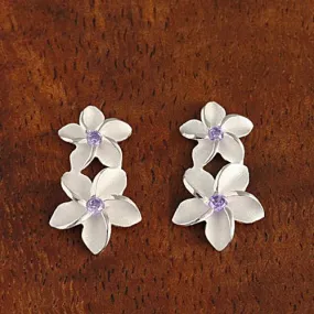 Sterling Silver Double Plumeria with Purple CZ Post Earrings