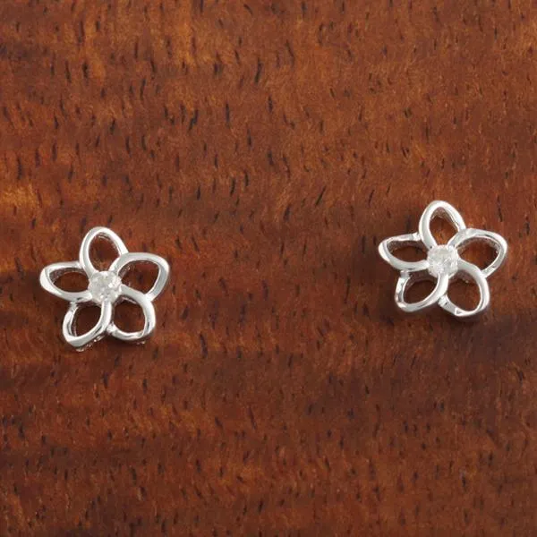 Sterling Silver Floating Plumeria with CZ Post Earrings (8mm/12mm)