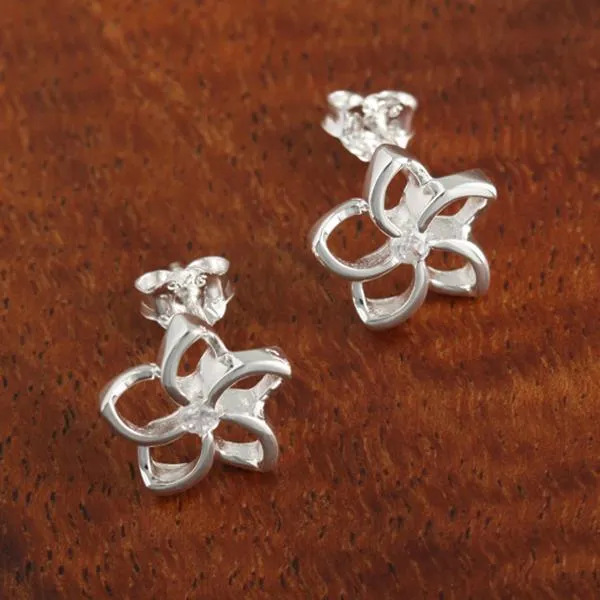 Sterling Silver Floating Plumeria with CZ Post Earrings (8mm/12mm)