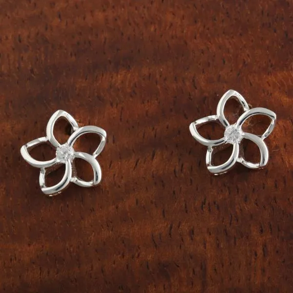 Sterling Silver Floating Plumeria with CZ Post Earrings (8mm/12mm)