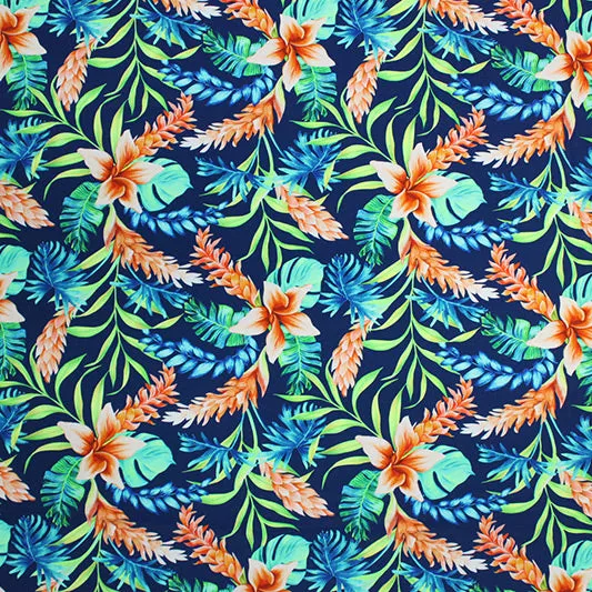 Tropical Leaves on Navy Printed Spandex | Blue Moon Fabrics