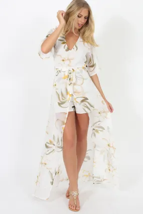 White Floral Dip Hem Playsuit - Caprice