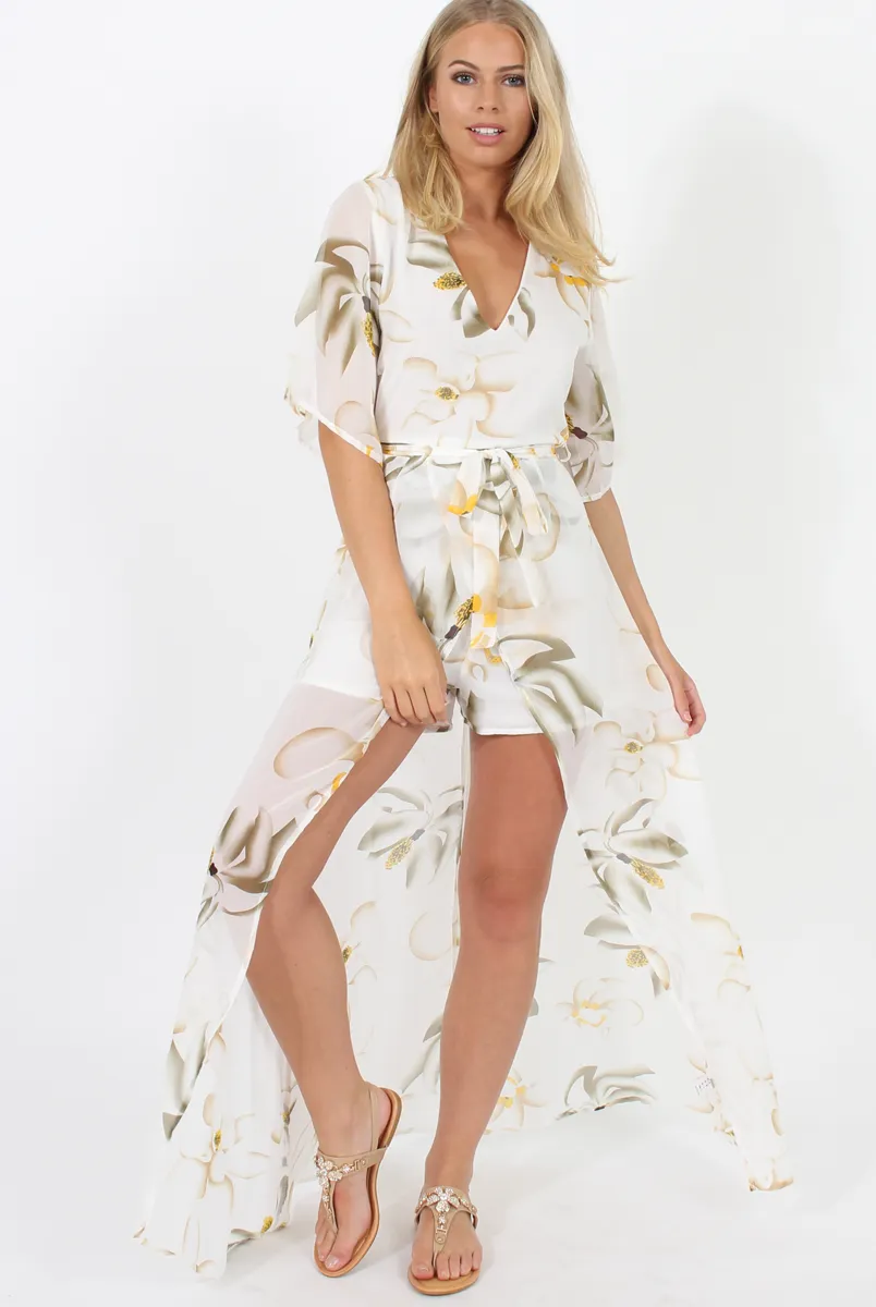 White Floral Dip Hem Playsuit - Caprice