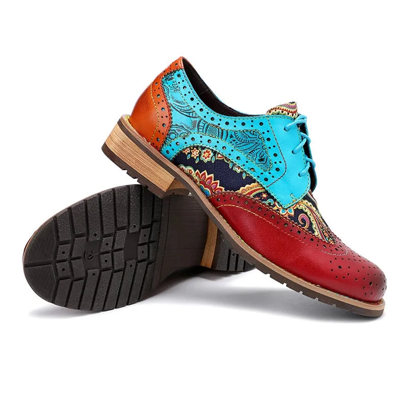 Women Fashion Brogue Oxfords With Printing Lace-up Shoes in Blue