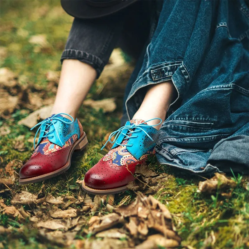 Women Fashion Brogue Oxfords With Printing Lace-up Shoes in Blue