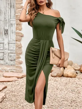 Women's Solid Colour Casual Slanted Neck Dress