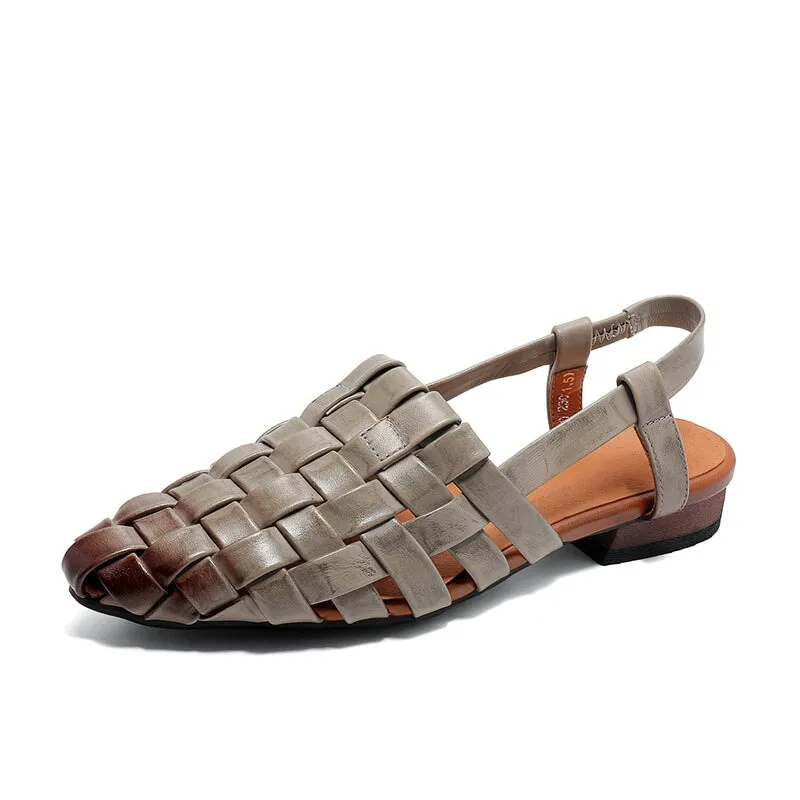 Woven Leather Retro Gladiator Sandals For Women Slingback in Gray/Beige