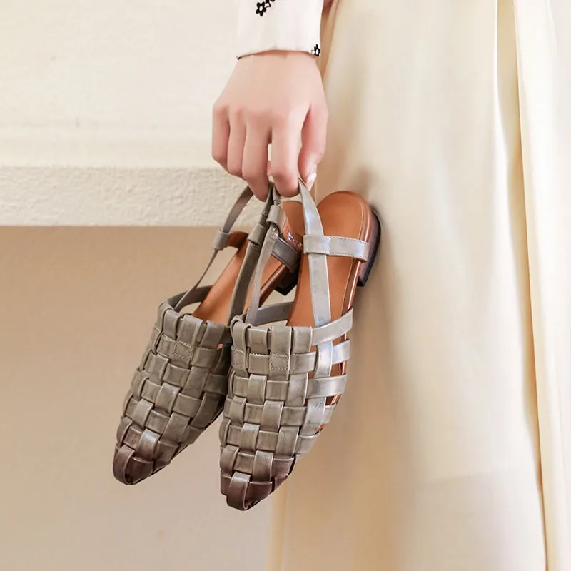 Woven Leather Retro Gladiator Sandals For Women Slingback in Gray/Beige